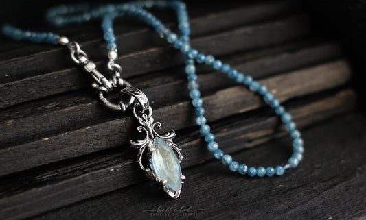 18" Blue diamond cz Beaded Necklace, Sterling