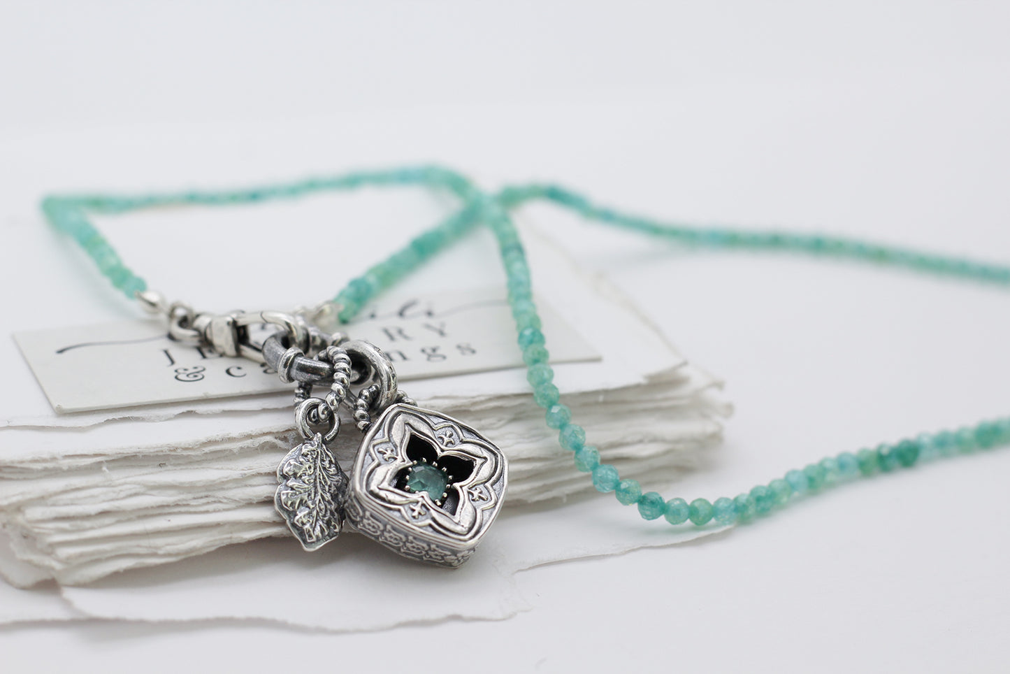 18" Sea Green cz Beaded Necklace, Sterling