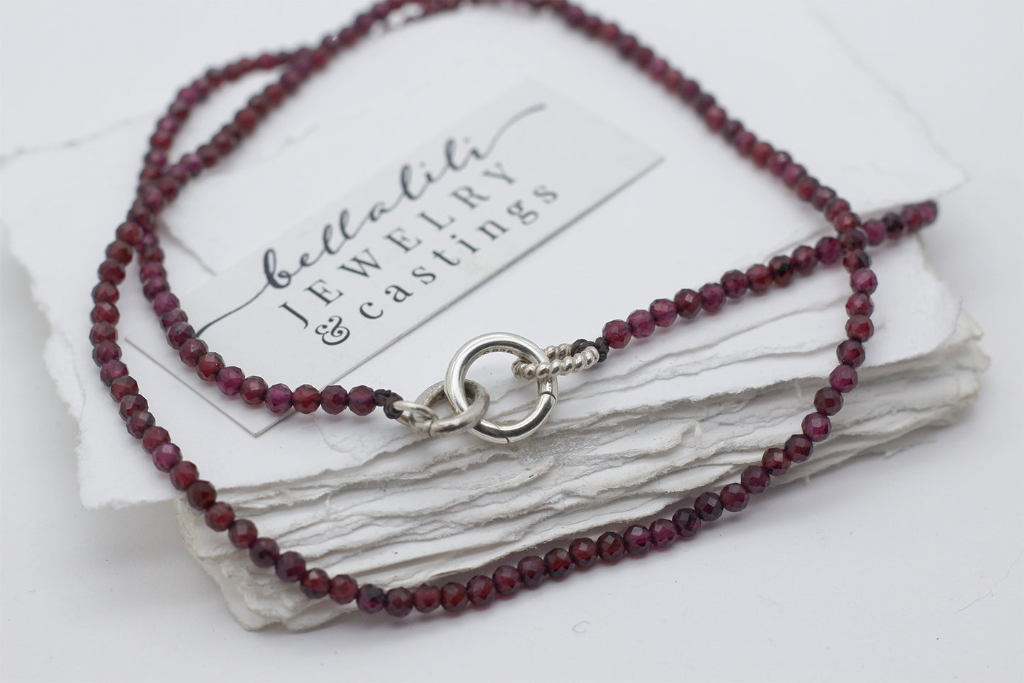 19" Garnet Beaded Necklace, Sterling