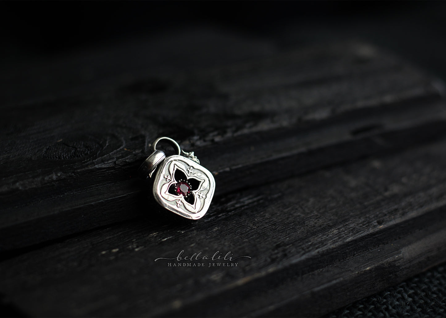 the Burgundy Oath, Mini Shadowbox garnet sterling silver pendant