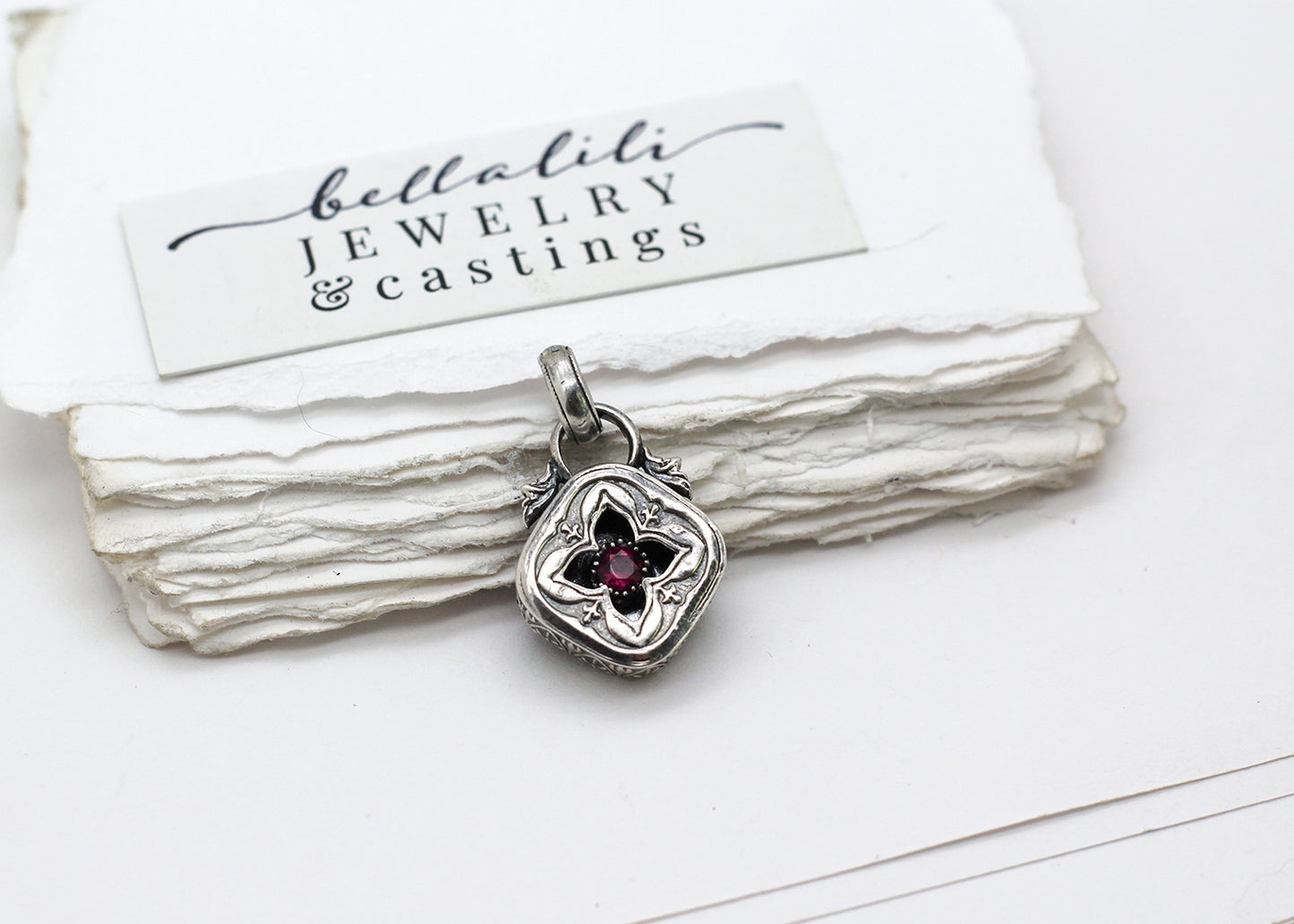 the Burgundy Oath, Mini Shadowbox garnet sterling silver pendant