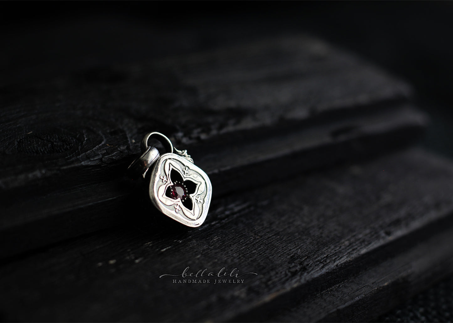 the Burgundy Oath, Mini Shadowbox garnet sterling silver pendant