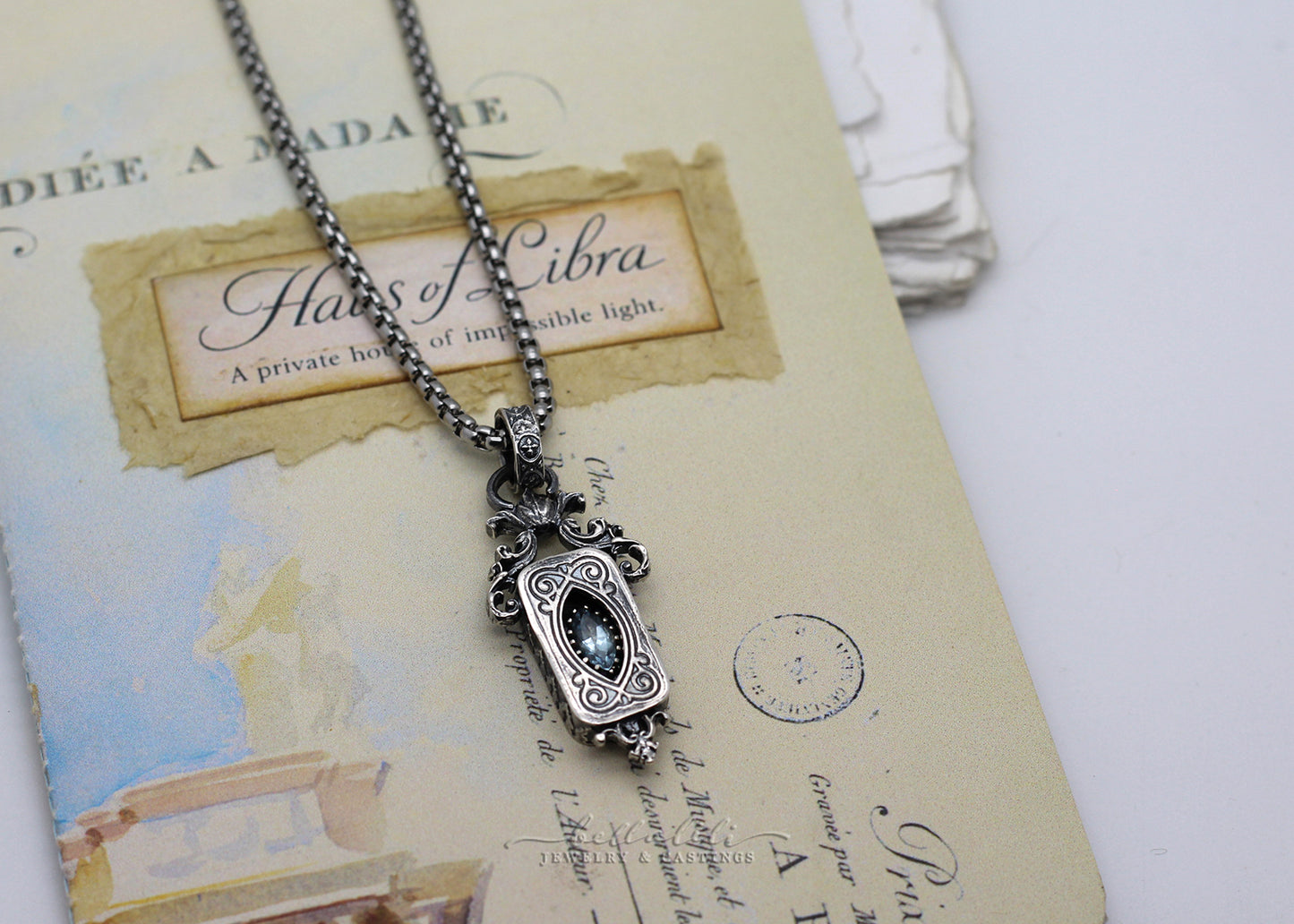 Viviane, Aquamarine Shadowbox Sterling Silver Pedant