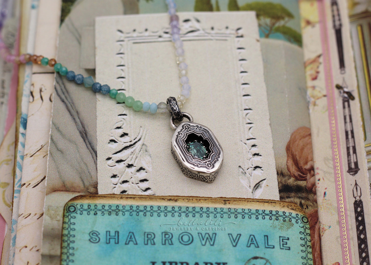 Tallulah, Green Moissanite Sterling Shadowbox Necklace