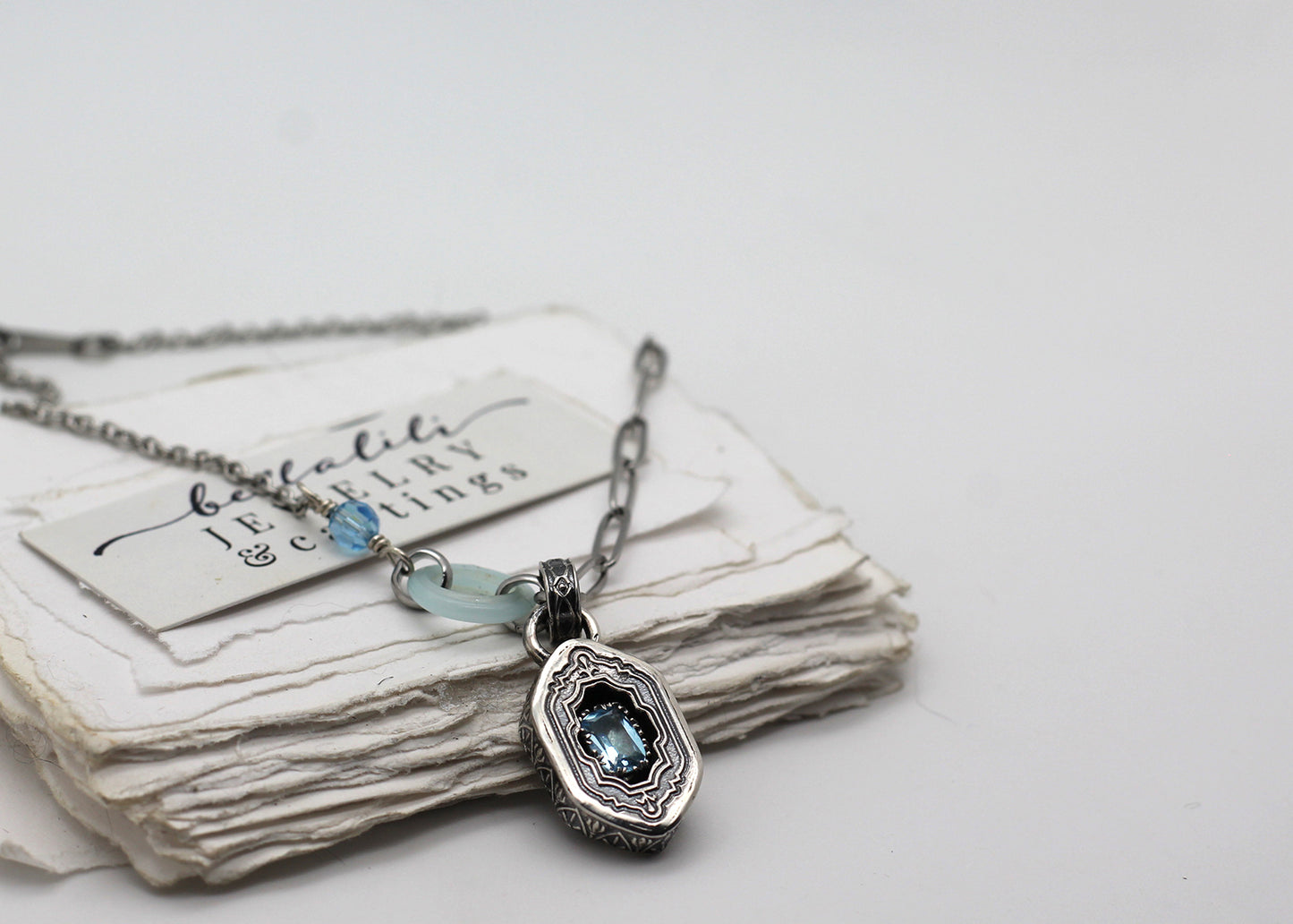Odette, Aquamarine Sterling Shadowbox Necklace