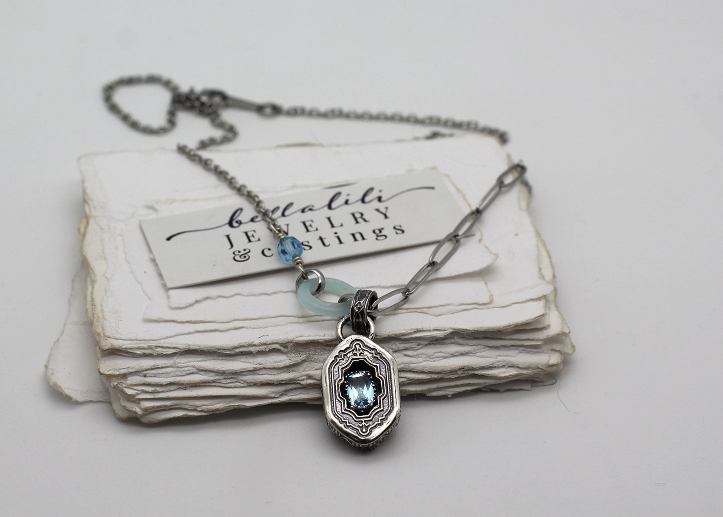 Odette, Aquamarine Sterling Shadowbox Necklace