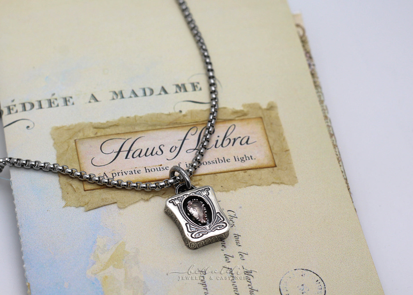 Josette, Morganite Sterling Shadowbox Necklace