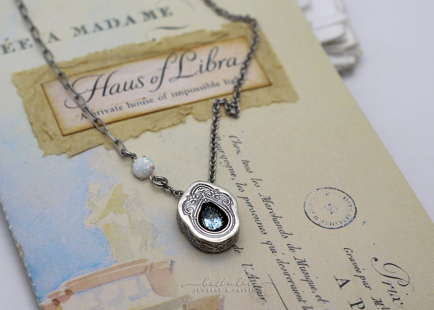 Delphine, Aquamarine Sterling Shadowbox Necklace