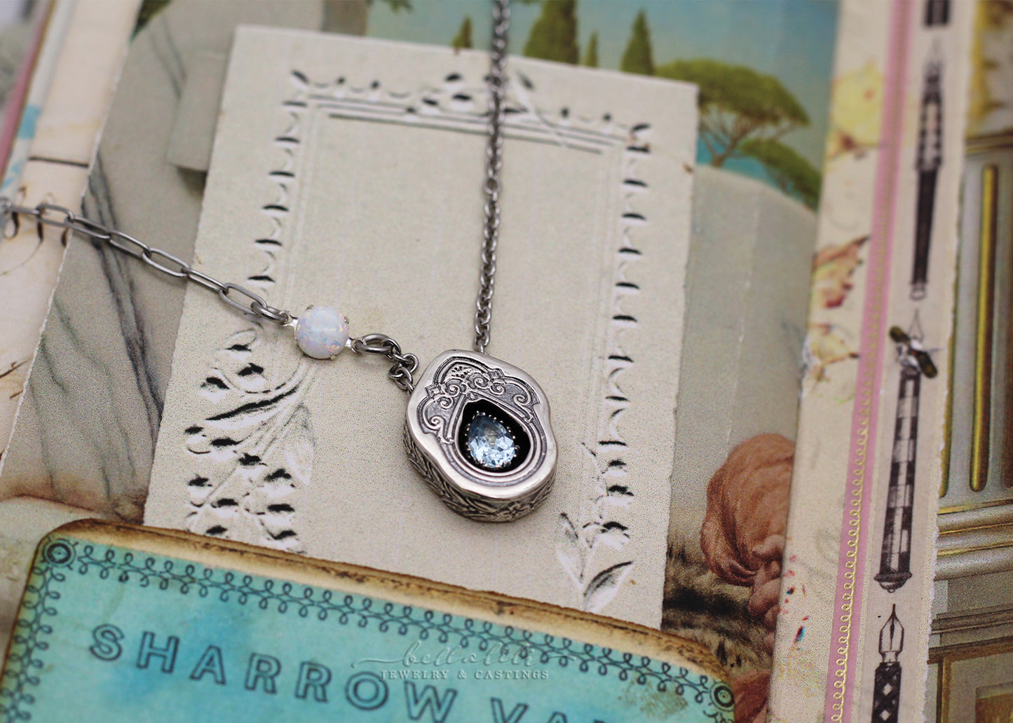 Delphine, Aquamarine Sterling Shadowbox Necklace