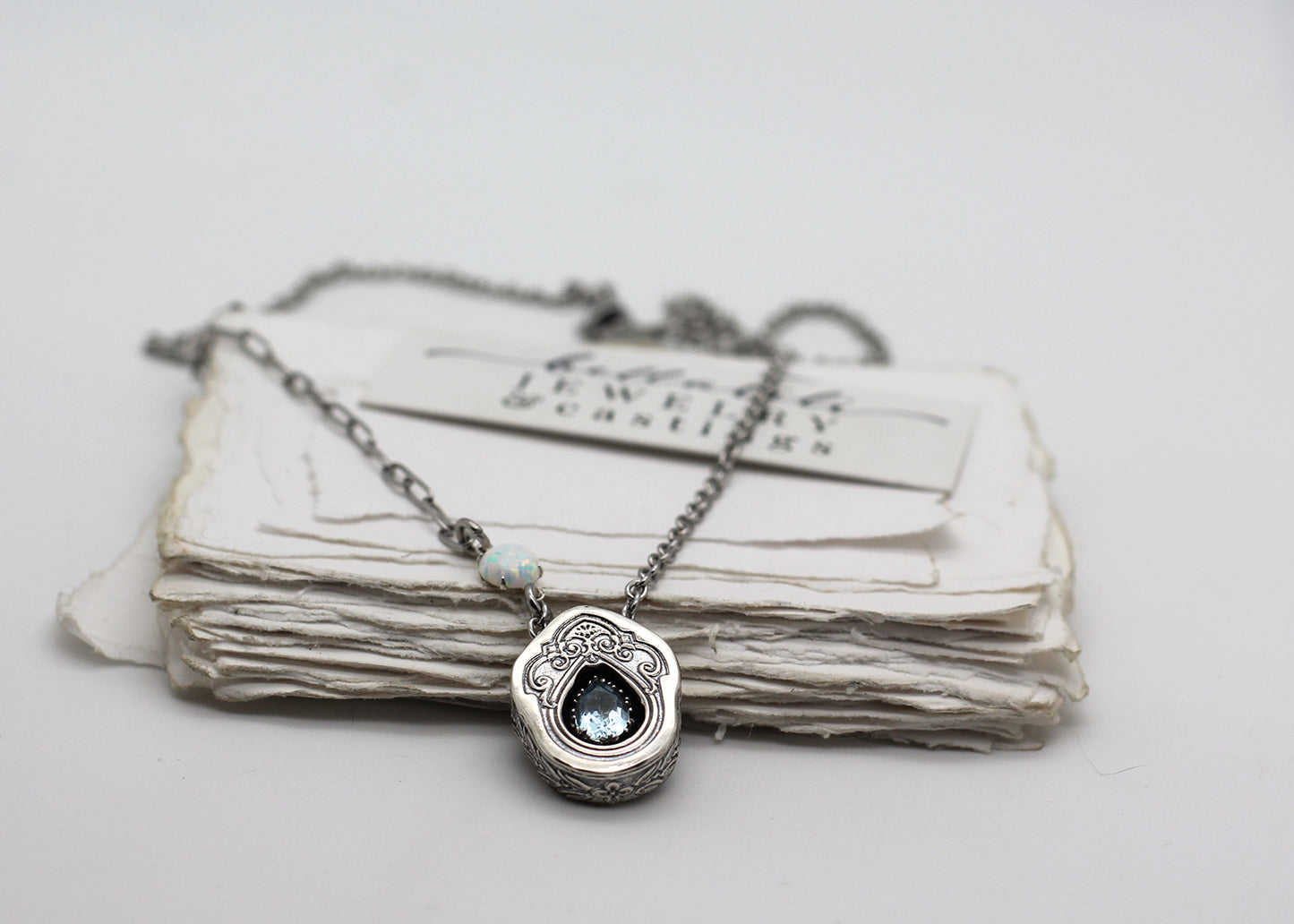 Delphine, Aquamarine Sterling Shadowbox Necklace