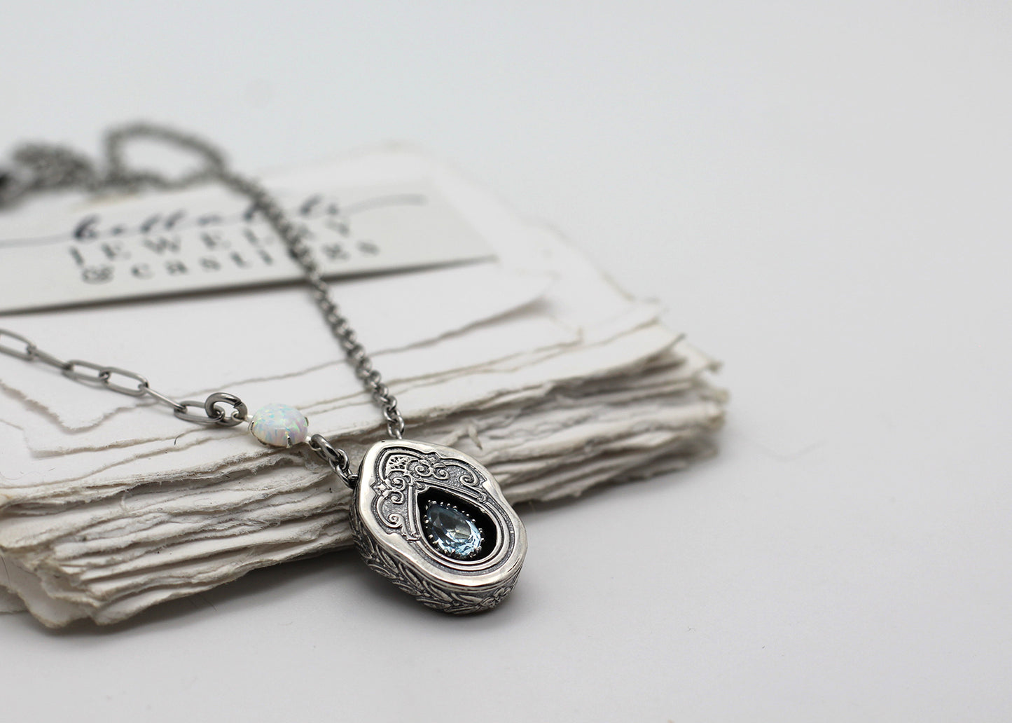 Delphine, Aquamarine Sterling Shadowbox Necklace