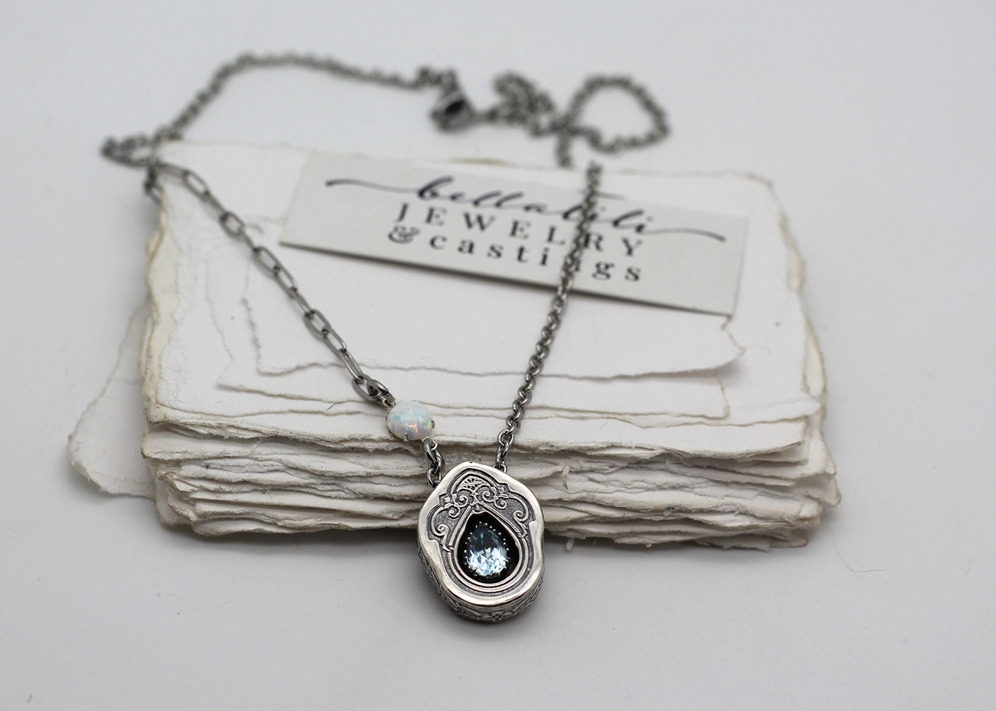 Delphine, Aquamarine Sterling Shadowbox Necklace