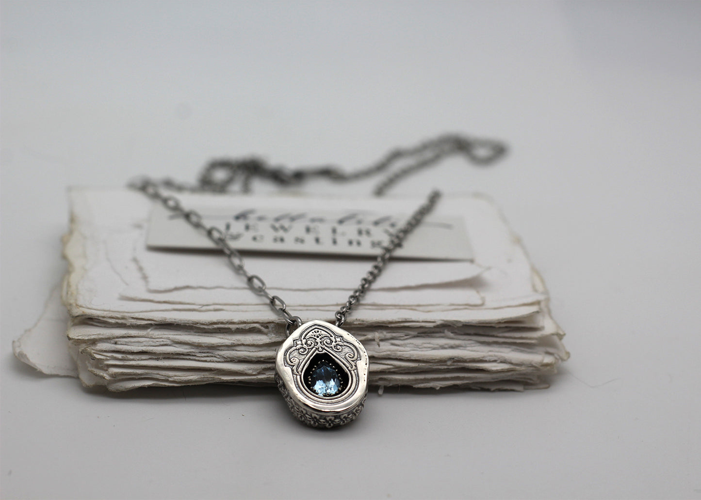Isabeau, Aquamarine Sterling Shadowbox Necklace
