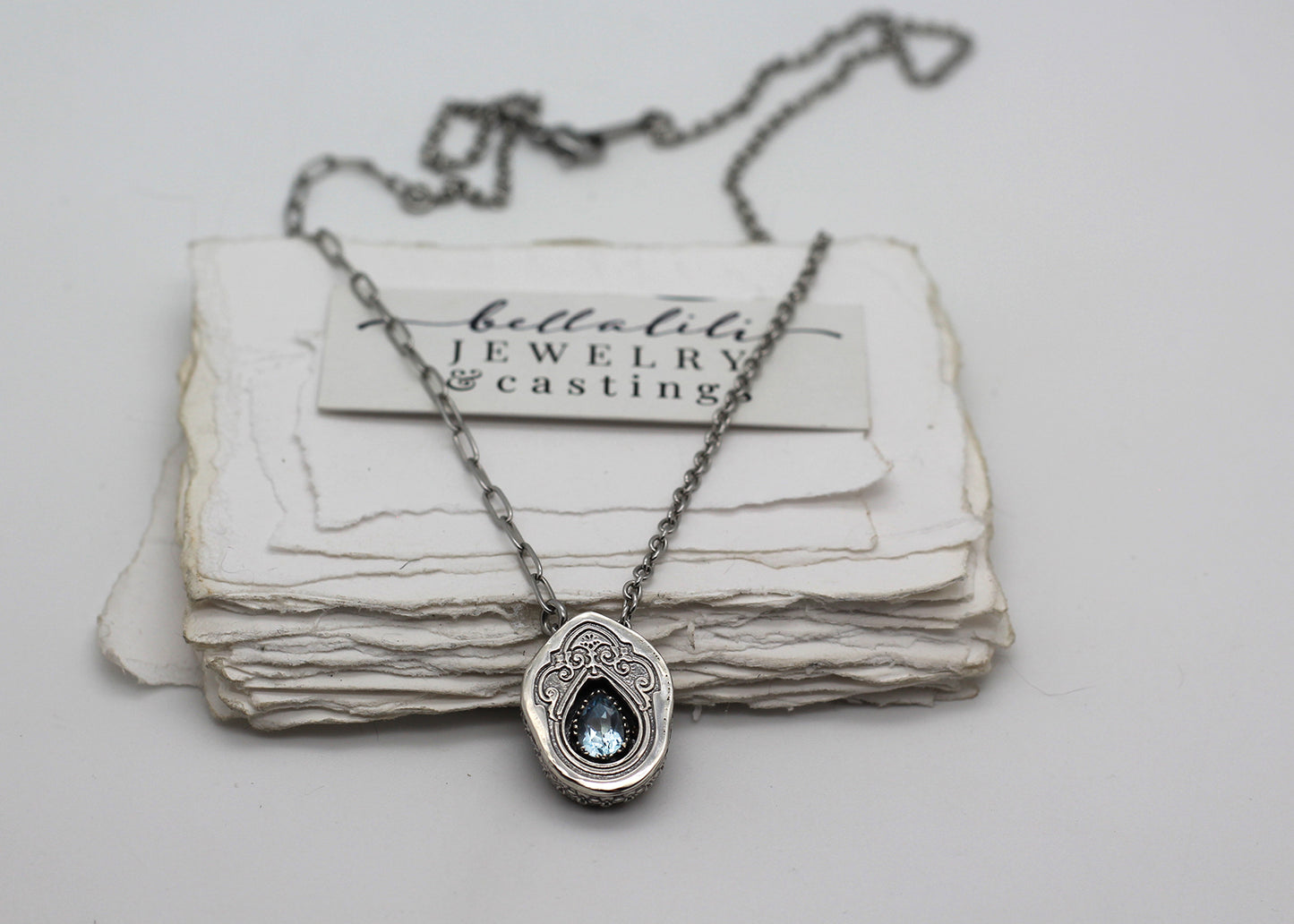 Isabeau, Aquamarine Sterling Shadowbox Necklace