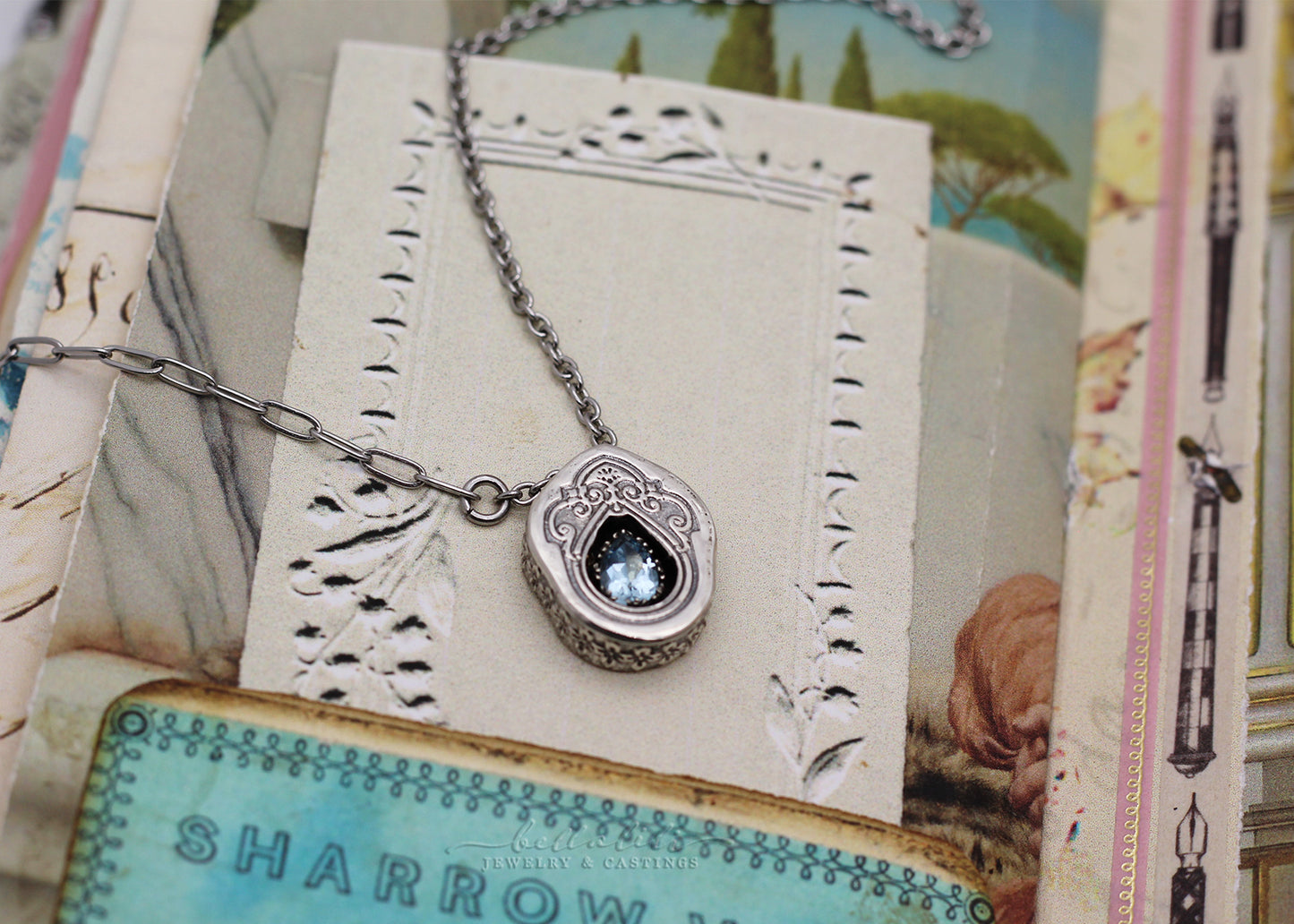 Isabeau, Aquamarine Sterling Shadowbox Necklace