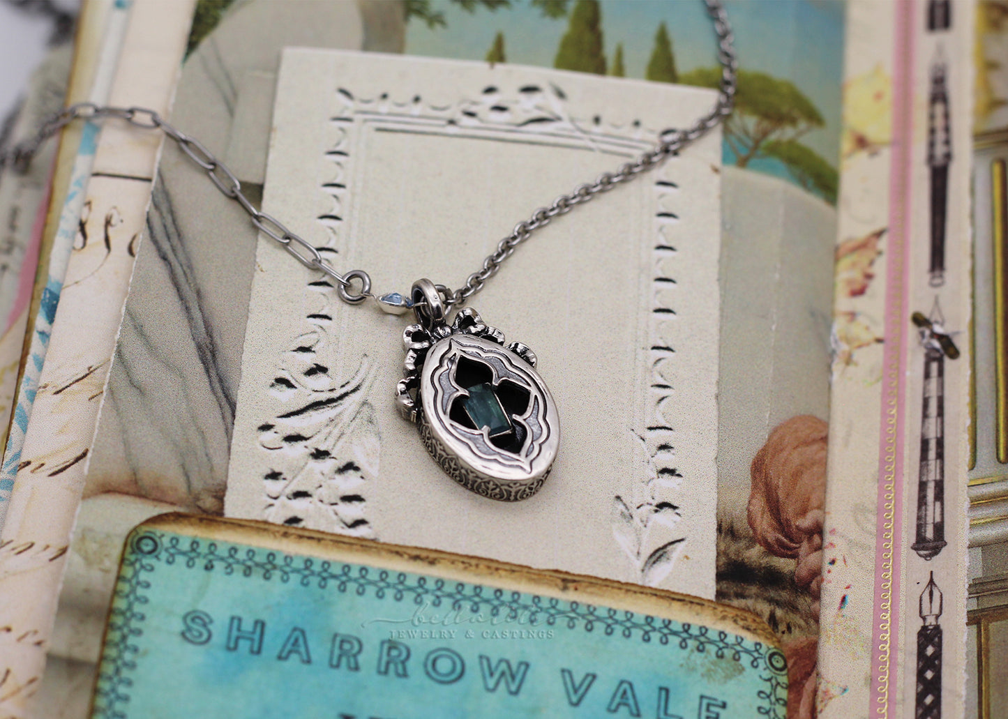 Sidonie, Blue Tourmaline Sterling Shadowbox Necklace