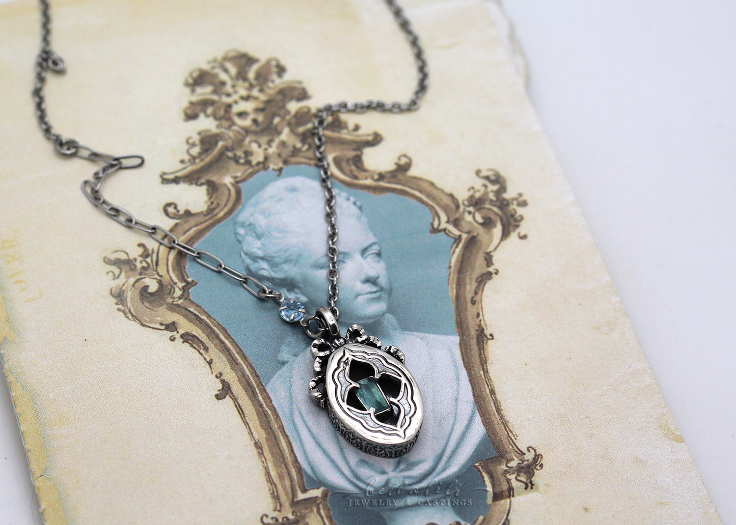 Sidonie, Blue Tourmaline Sterling Shadowbox Necklace