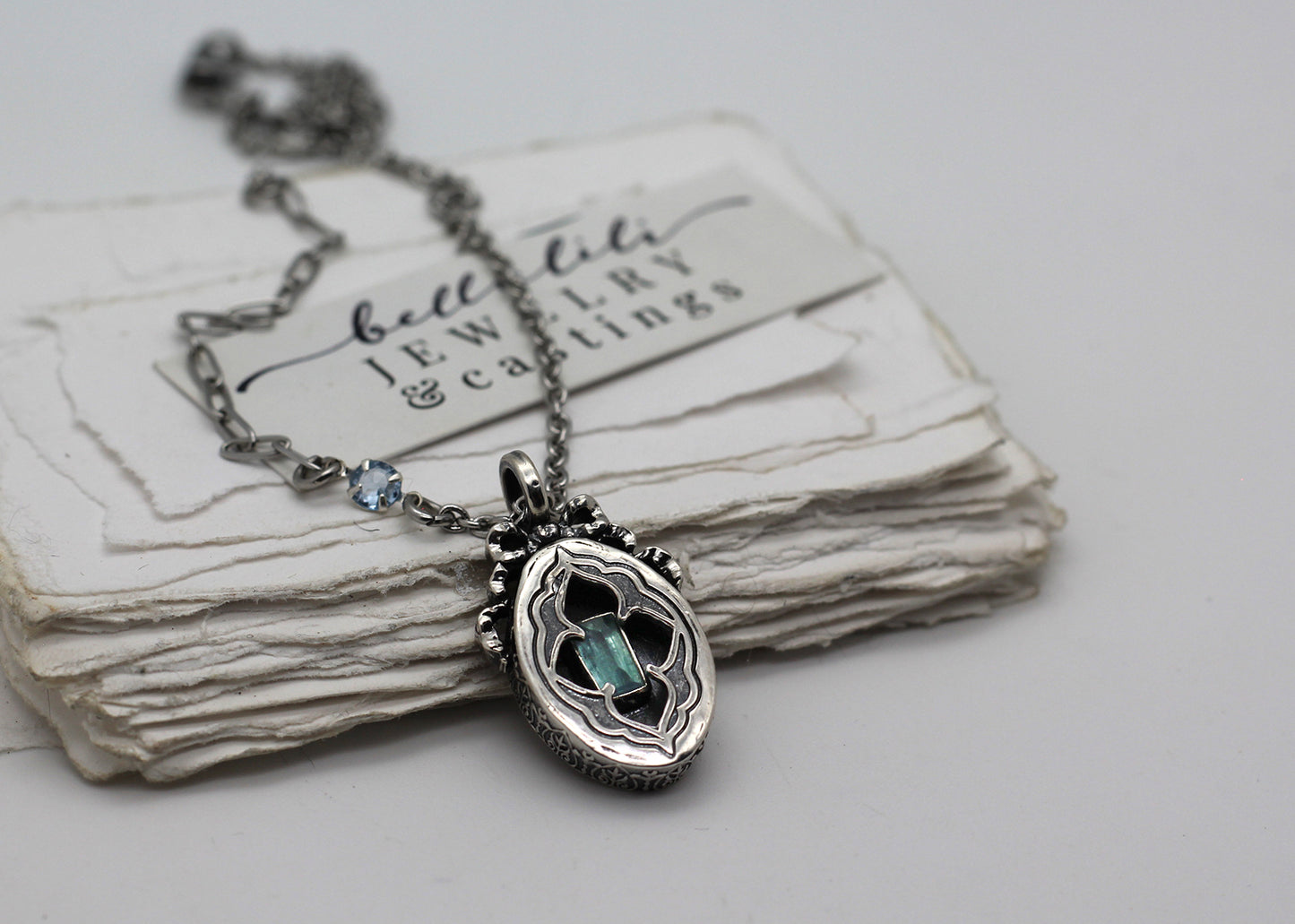 Sidonie, Blue Tourmaline Sterling Shadowbox Necklace