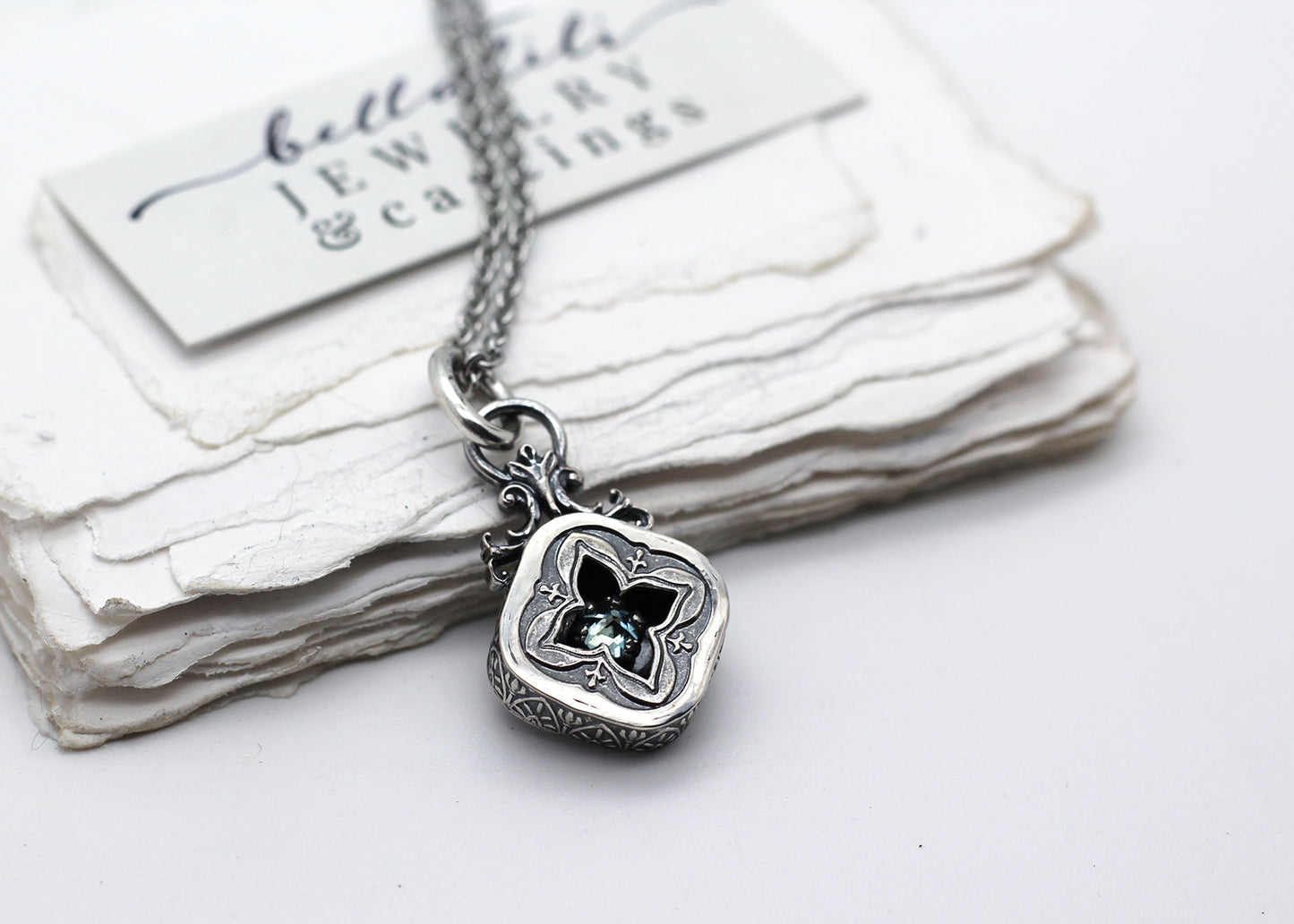 Undine, Seafoam mini Moissanite Shadowbox Sterling Silver Necklace