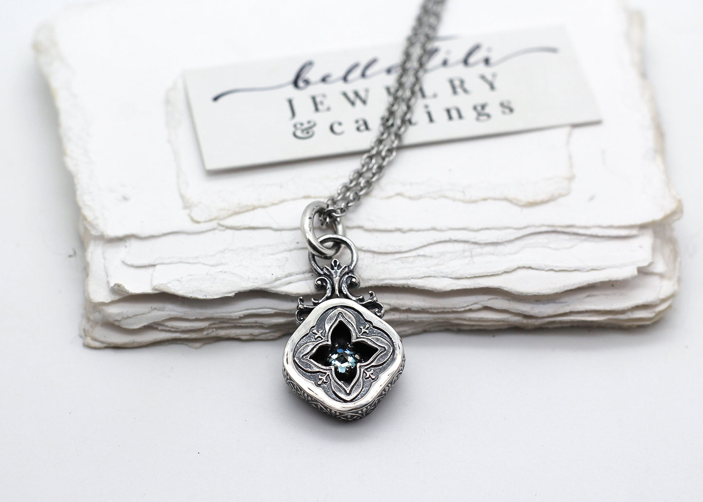 Undine, Seafoam mini Moissanite Shadowbox Sterling Silver Necklace