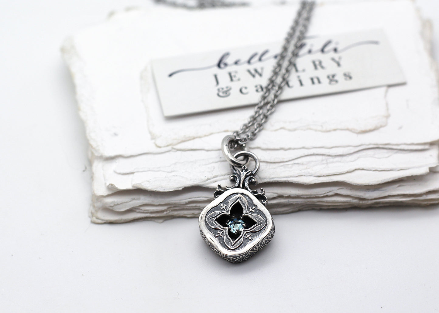 Undine, Seafoam mini Moissanite Shadowbox Sterling Silver Necklace