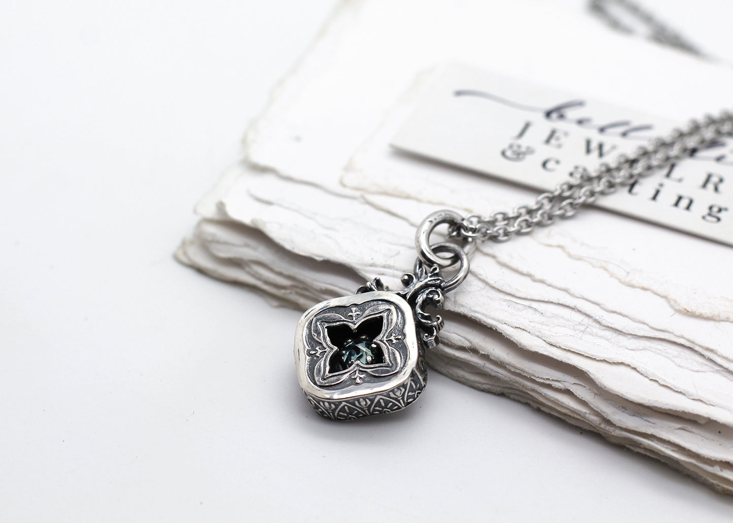 Undine, Seafoam mini Moissanite Shadowbox Sterling Silver Necklace