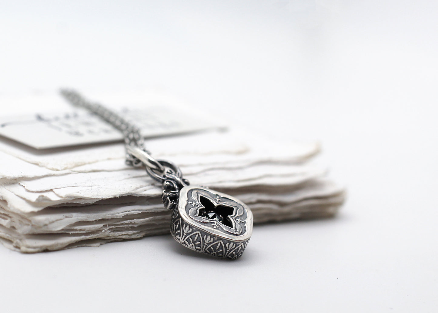 Undine, Seafoam mini Moissanite Shadowbox Sterling Silver Necklace