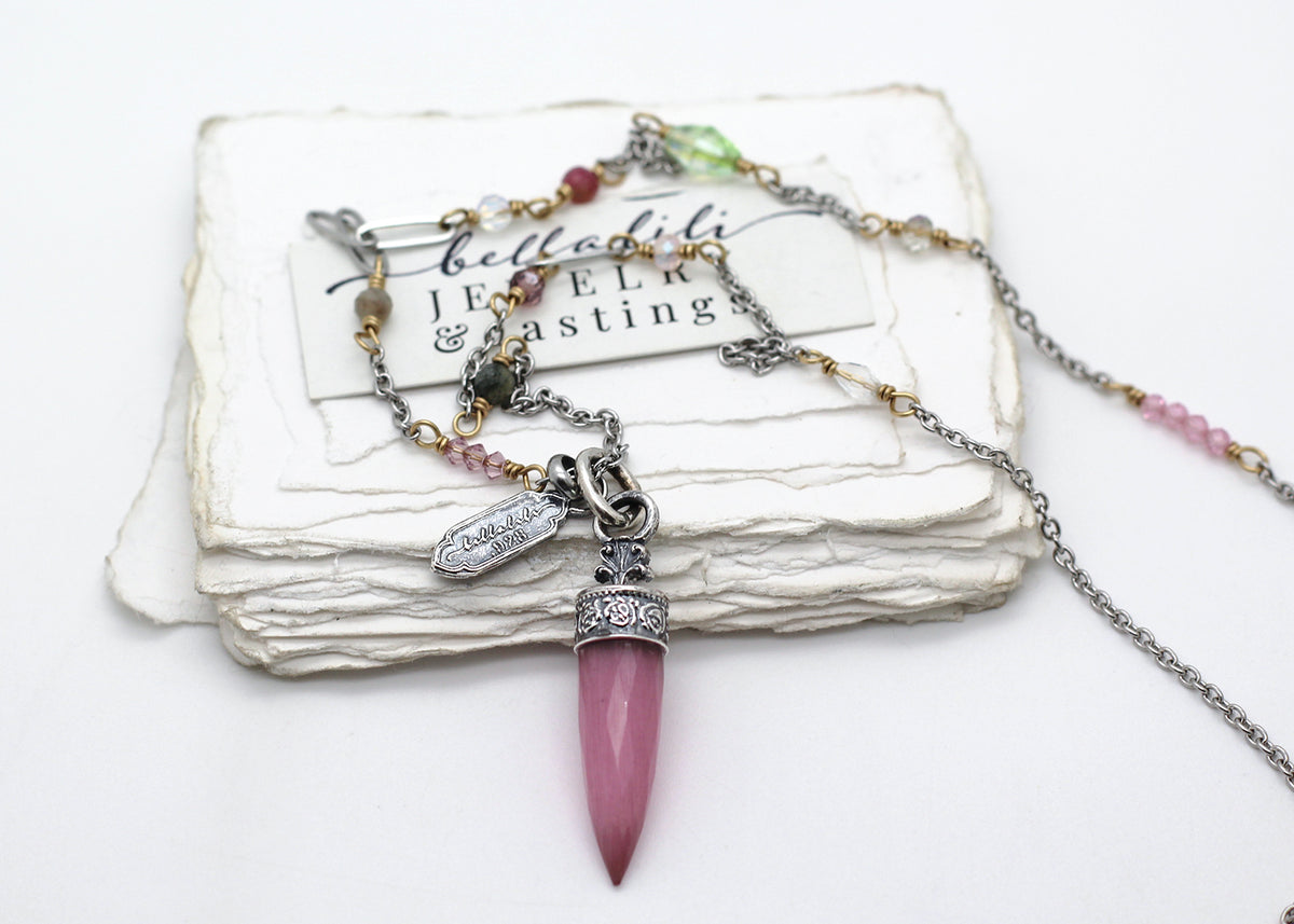 Rosemarie, Pink Cats eye Pendulum Crystal Point Beaded Necklace