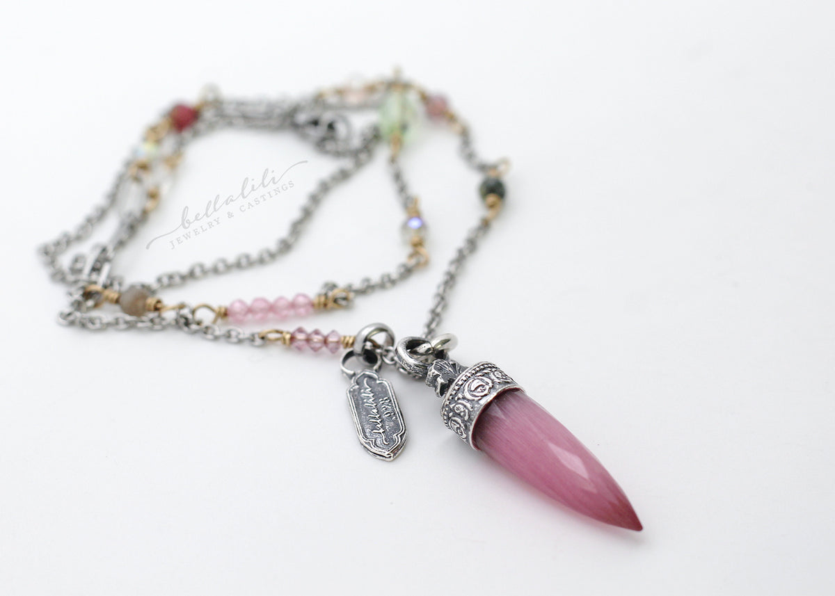 Rosemarie, Pink Cats eye Pendulum Crystal Point Beaded Necklace