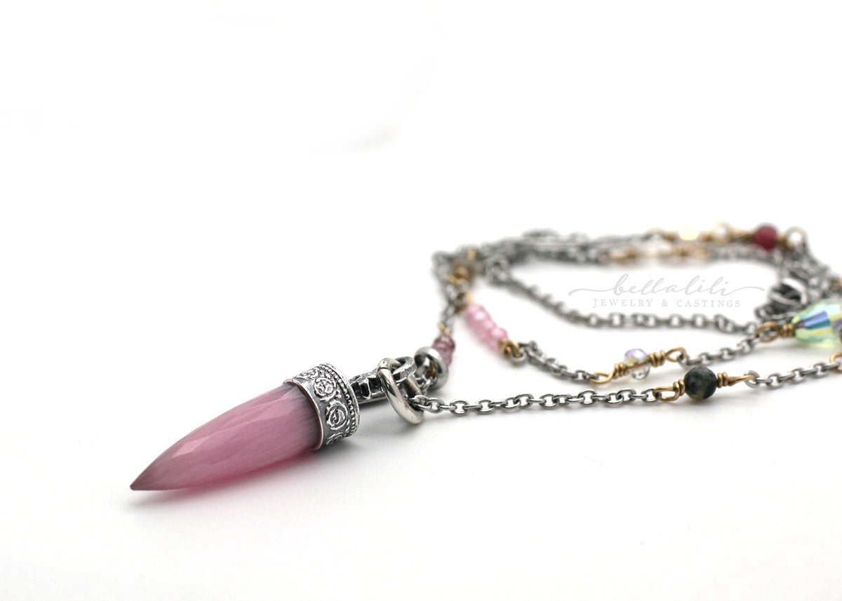 Rosemarie, Pink Cats eye Pendulum Crystal Point Beaded Necklace