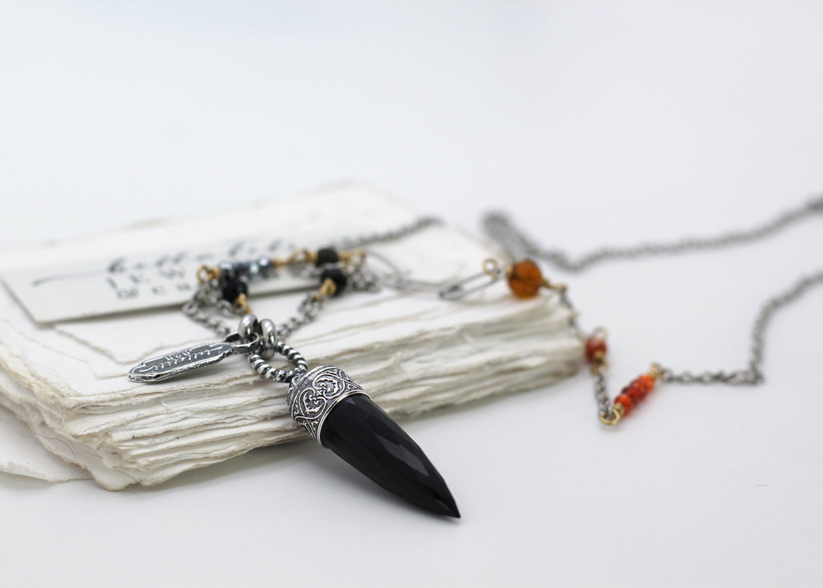 Lucinda, Black and Orange Crystal Point Pendulum Necklace