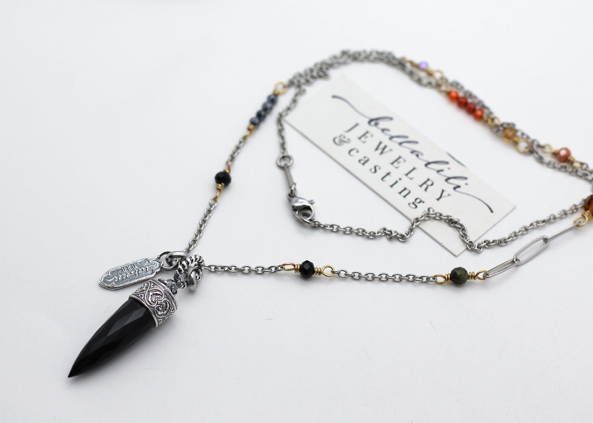 Lucinda, Black and Orange Crystal Point Pendulum Necklace