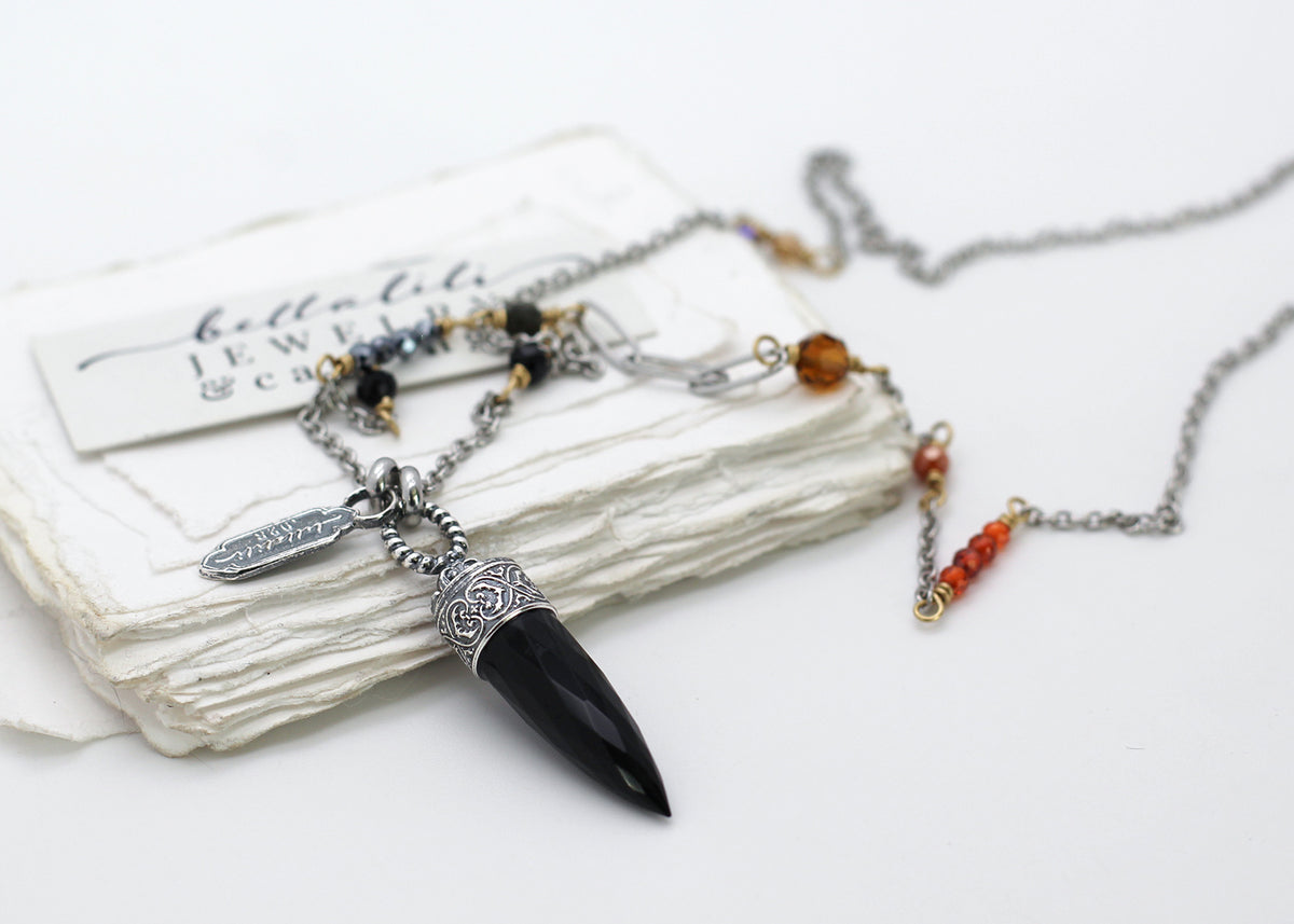 Lucinda, Black and Orange Crystal Point Pendulum Necklace