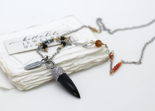 Lucinda, Black and Orange Crystal Point Pendulum Necklace