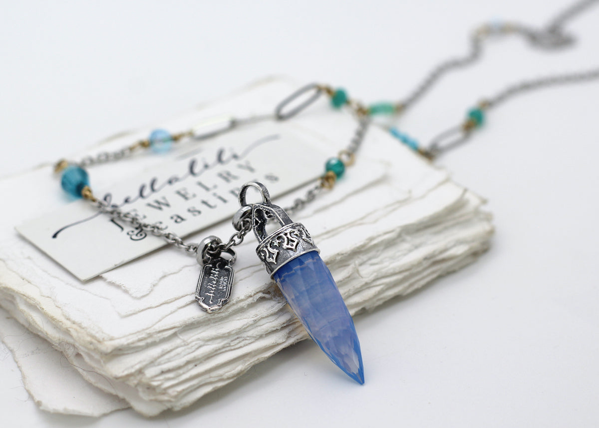 Cosette, Blue Opalite Crystal Point Pendulum Necklace