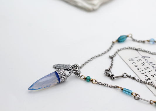 Cosette, Blue Opalite Crystal Point Pendulum Necklace
