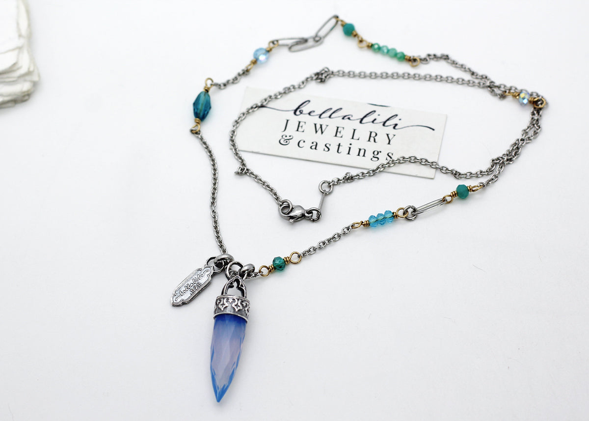 Cosette, Blue Opalite Crystal Point Pendulum Necklace