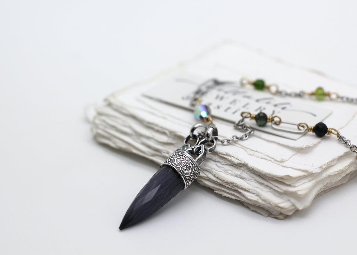 Salem, Cat's Eye Gray & Green Crystal Pendulum necklace