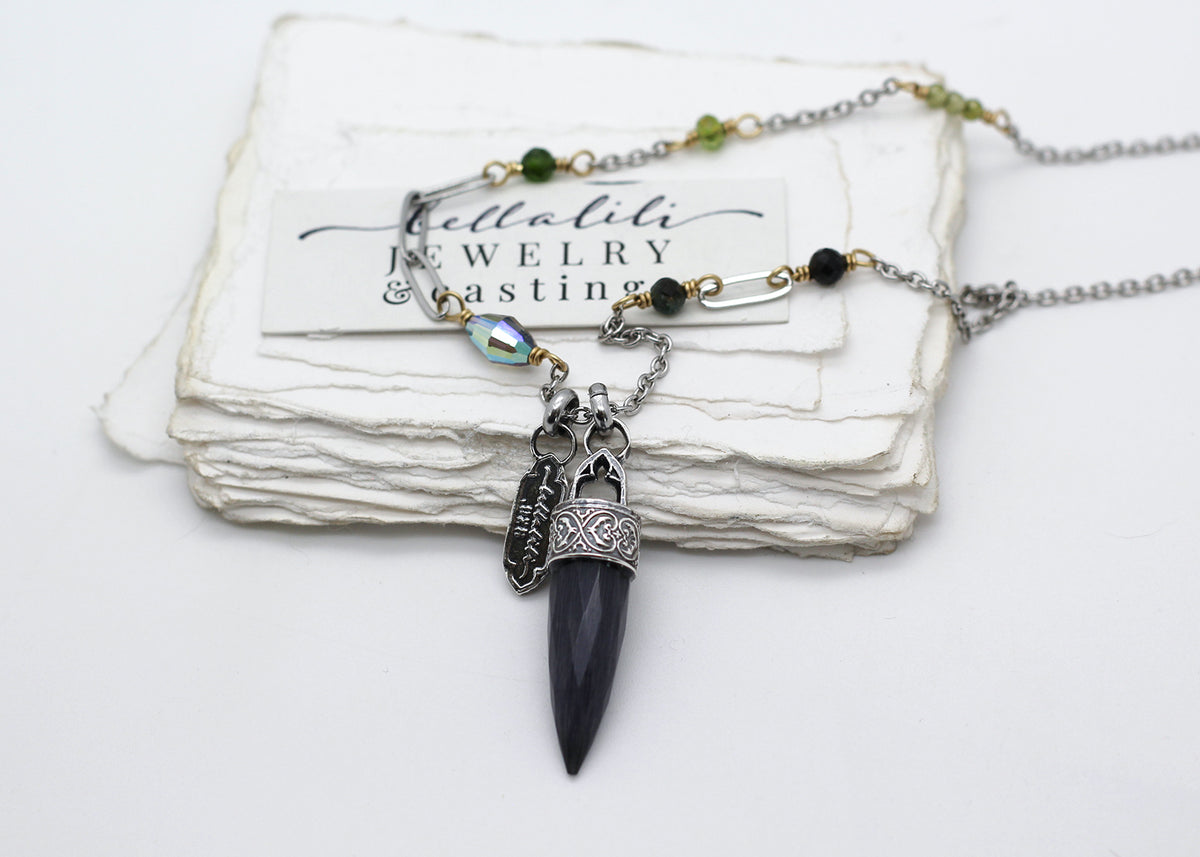 Salem, Cat's Eye Gray & Green Crystal Pendulum necklace