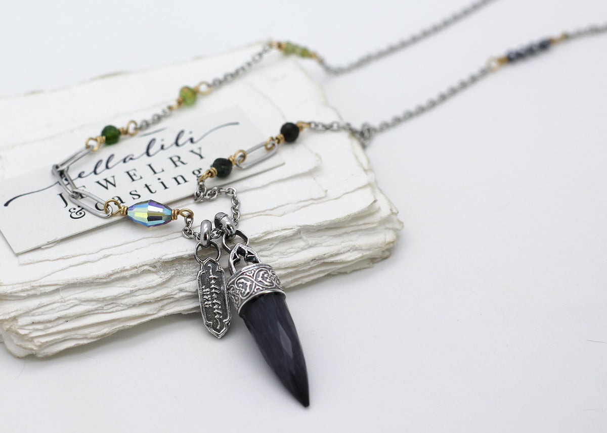 Salem, Cat's Eye Gray & Green Crystal Pendulum necklace