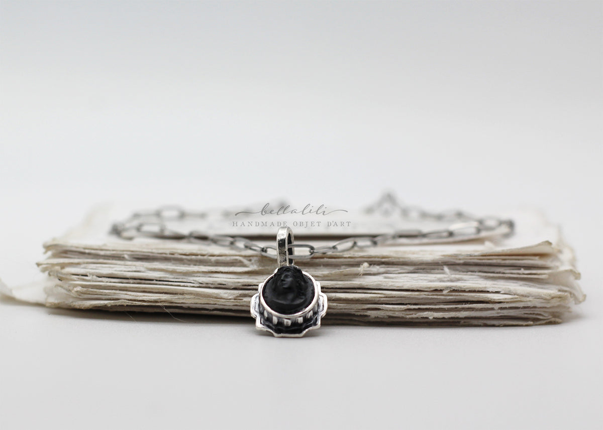 Mignonette | Vintage Black Glass Mourning Cameo Necklace