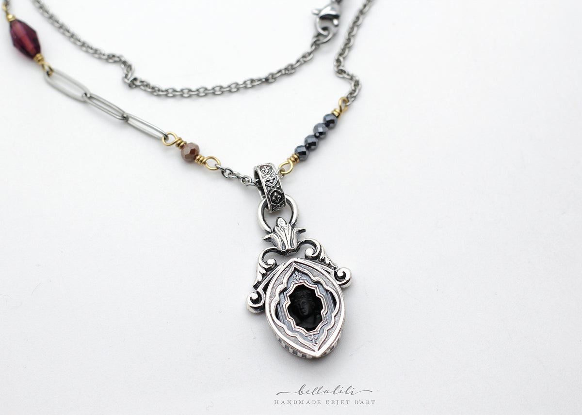 Hortense | Vintage Black Glass Mourning Cameo Shadowbox Necklace