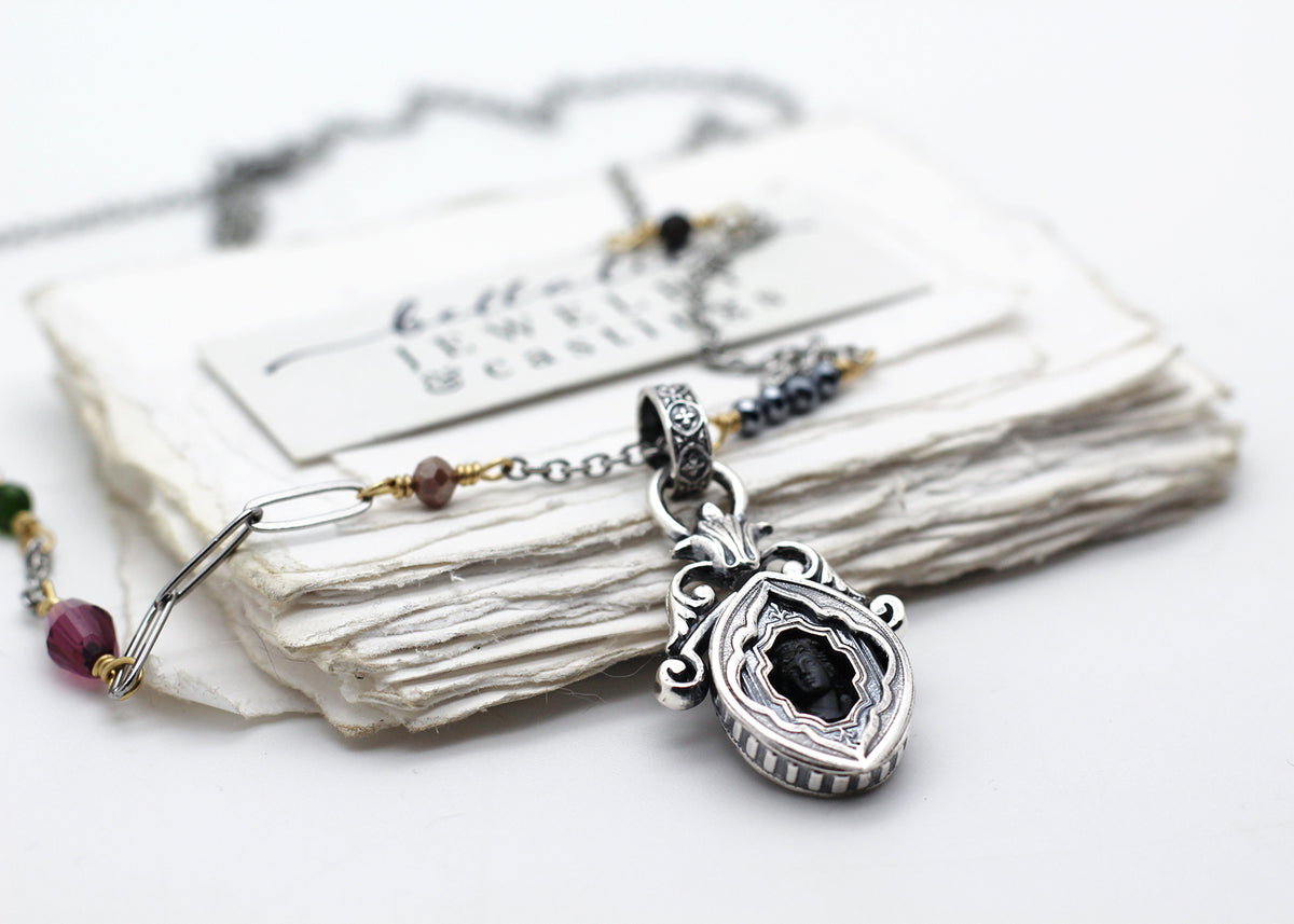 Hortense | Vintage Black Glass Mourning Cameo Shadowbox Necklace
