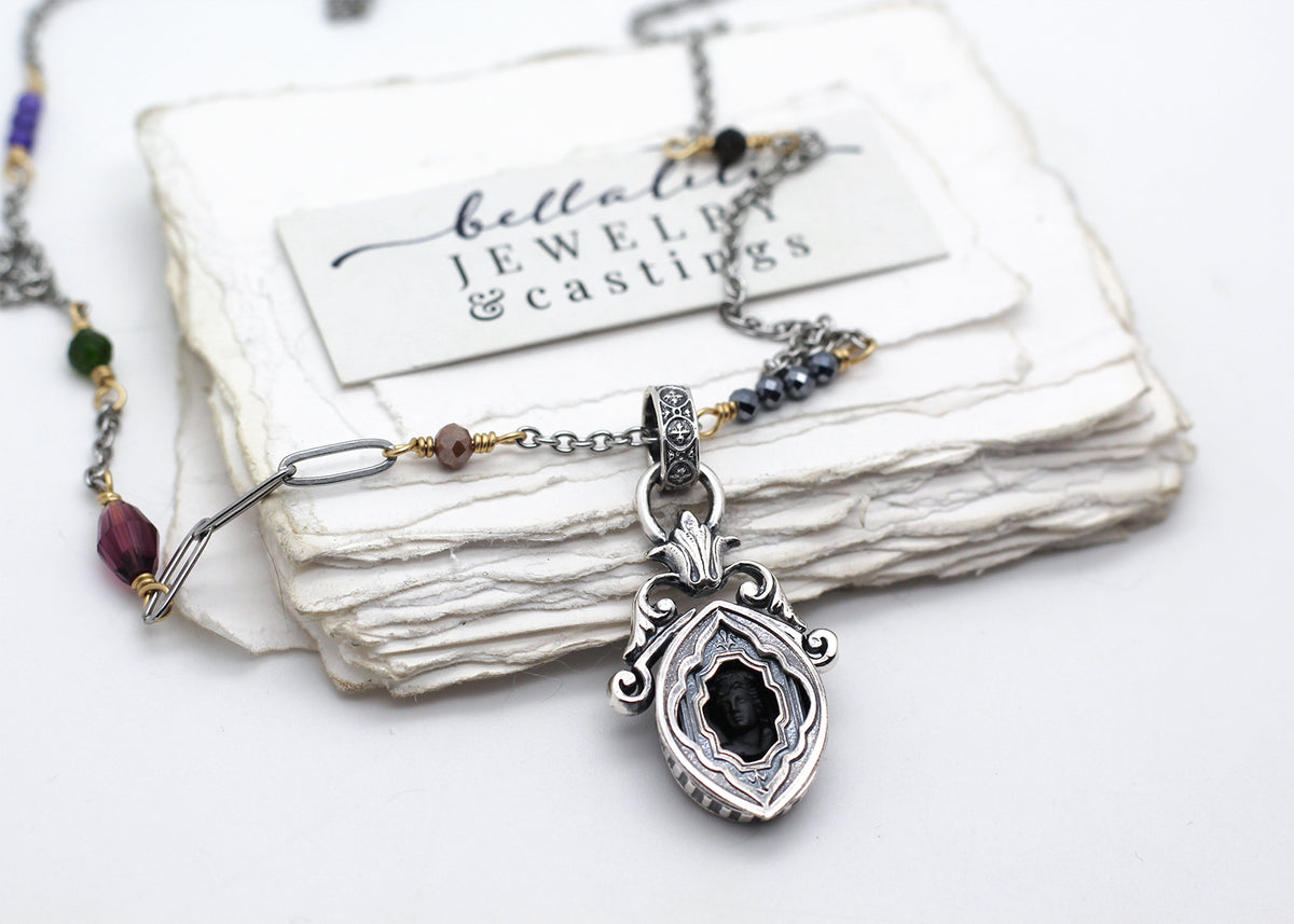 Hortense | Vintage Black Glass Mourning Cameo Shadowbox Necklace