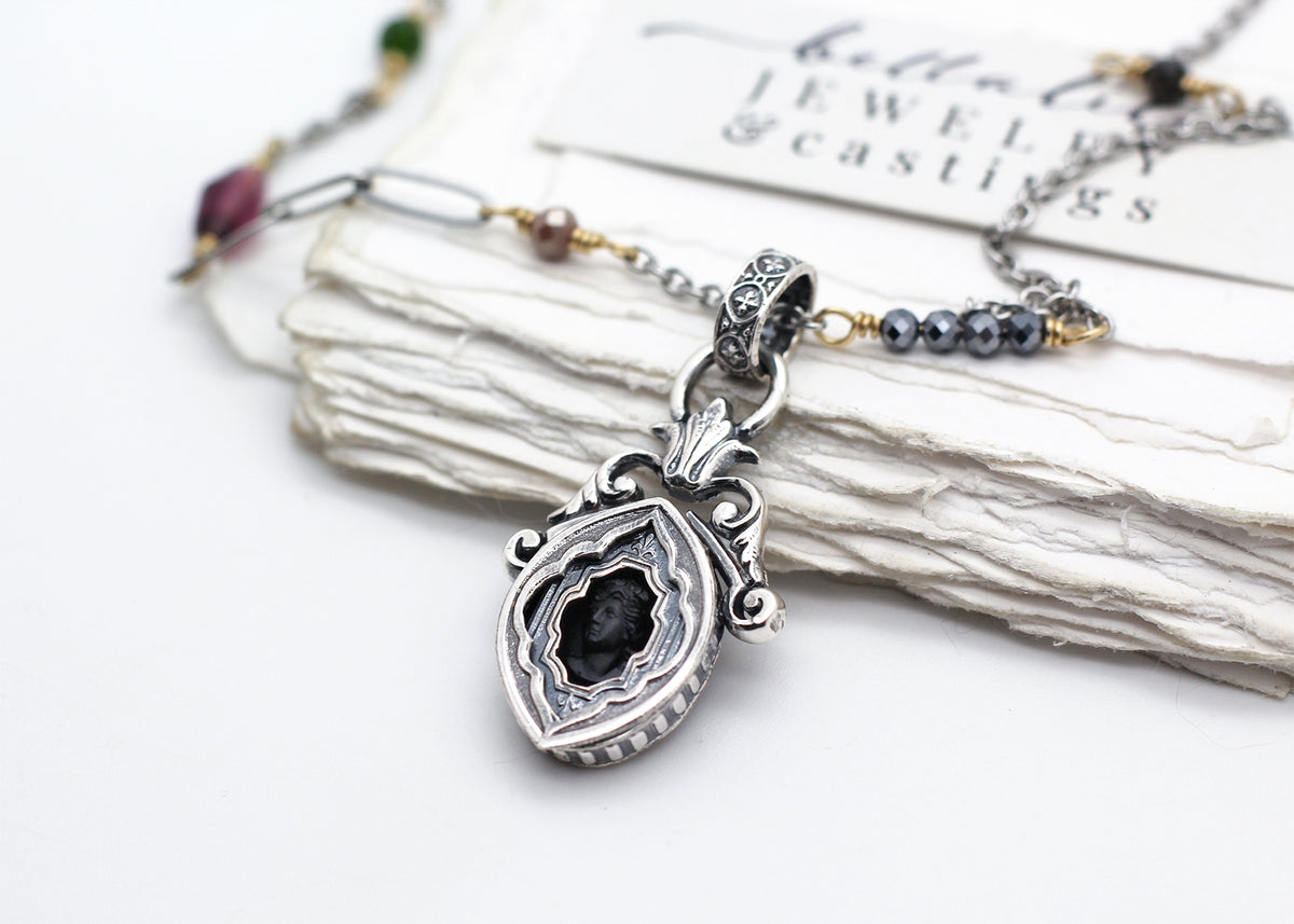 Hortense | Vintage Black Glass Mourning Cameo Shadowbox Necklace
