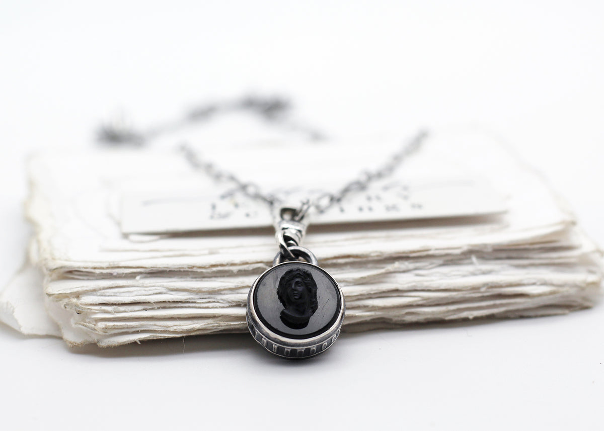 Hortense, Black Mourning Cameo Pendant, Sterling Silver
