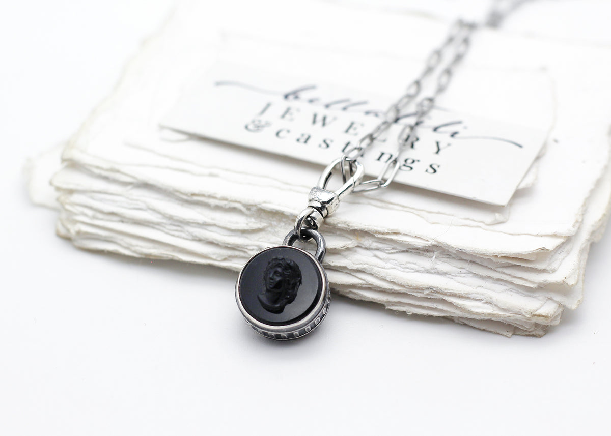 Hortense, Black Mourning Cameo Pendant, Sterling Silver