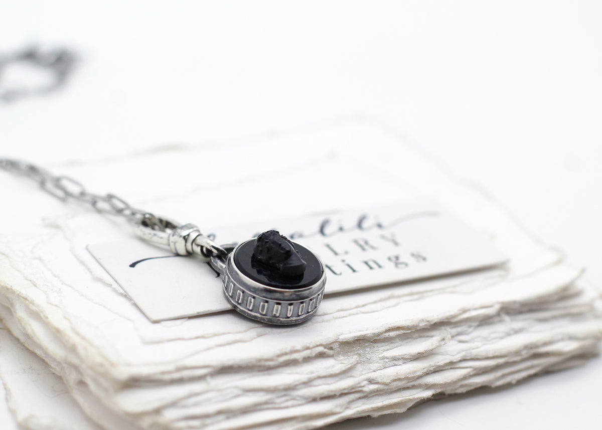 Hortense, Black Mourning Cameo Pendant, Sterling Silver