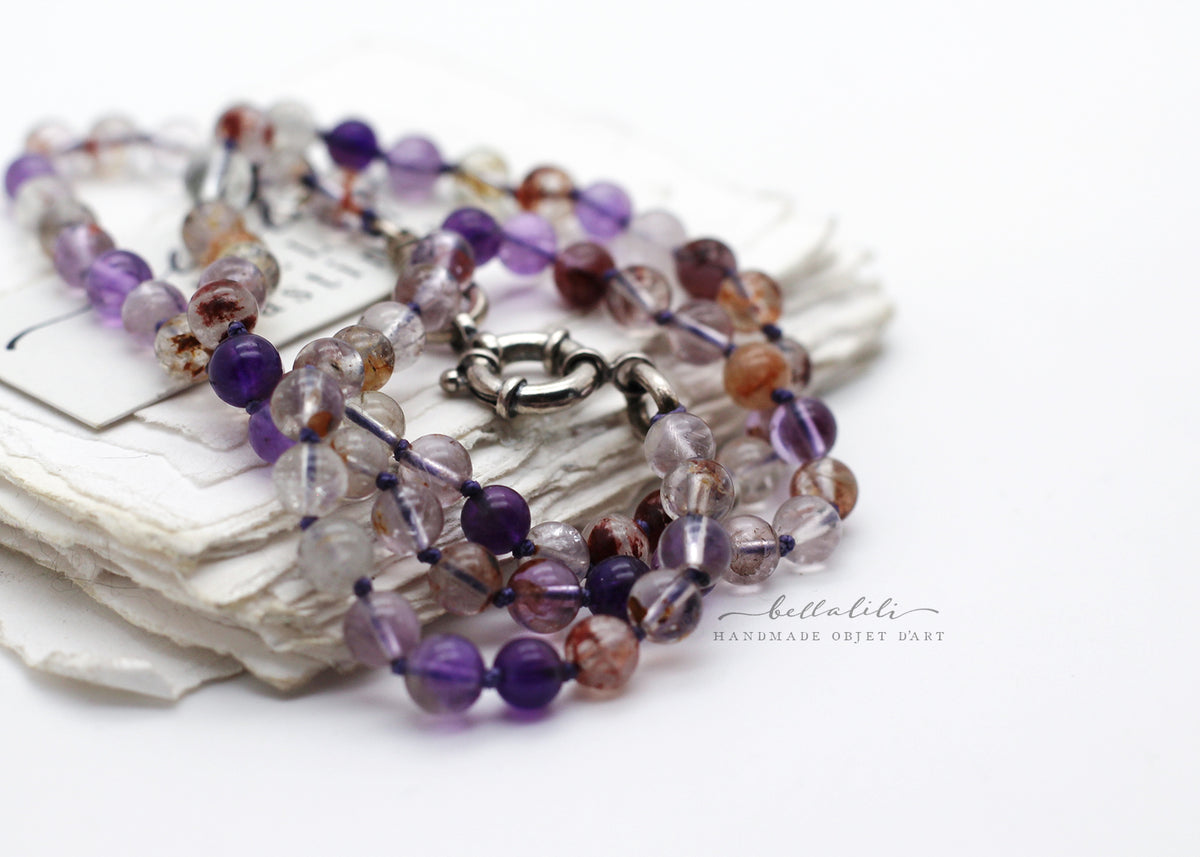 Purple Phantom Quartz Necklace, 22" hand knotted Sterling Silver