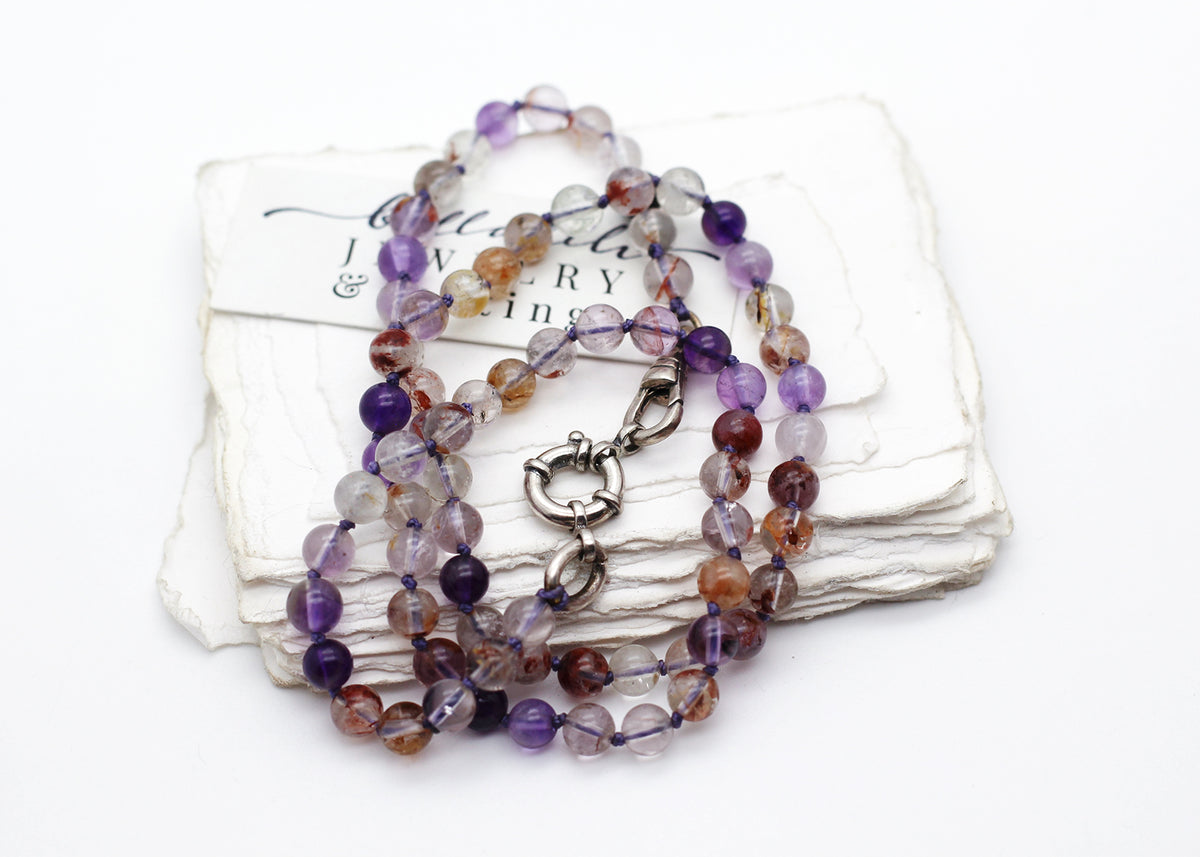 Purple Phantom Quartz Necklace, 22" hand knotted Sterling Silver